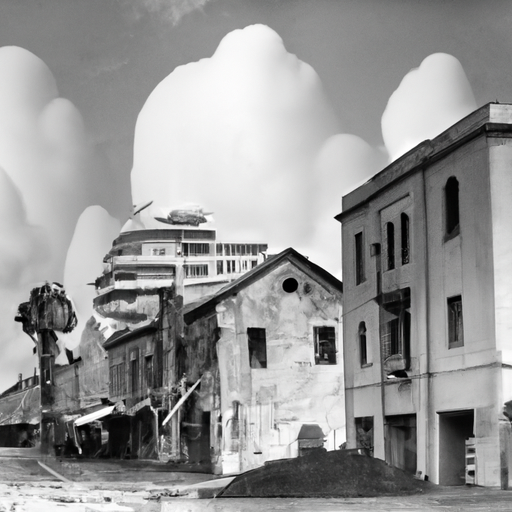 תמונה ישנה בשחור-לבן של יד אליהו מציגה את מצבה המקורי, עם מבנים מוזנחים ורחובות ריקים.